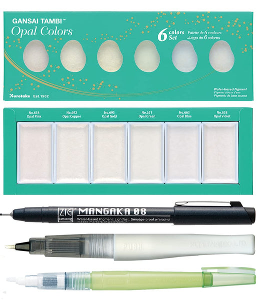 ZIG Special Illustration Set GANSAI TAMBI Opal 6 colors Micron Pen 08, BRUSH2O Medium & Wink of Stella Brush Glitter for Manga Drawing Lettering & Calligraphy Professional Artist Quality Made in Japan.