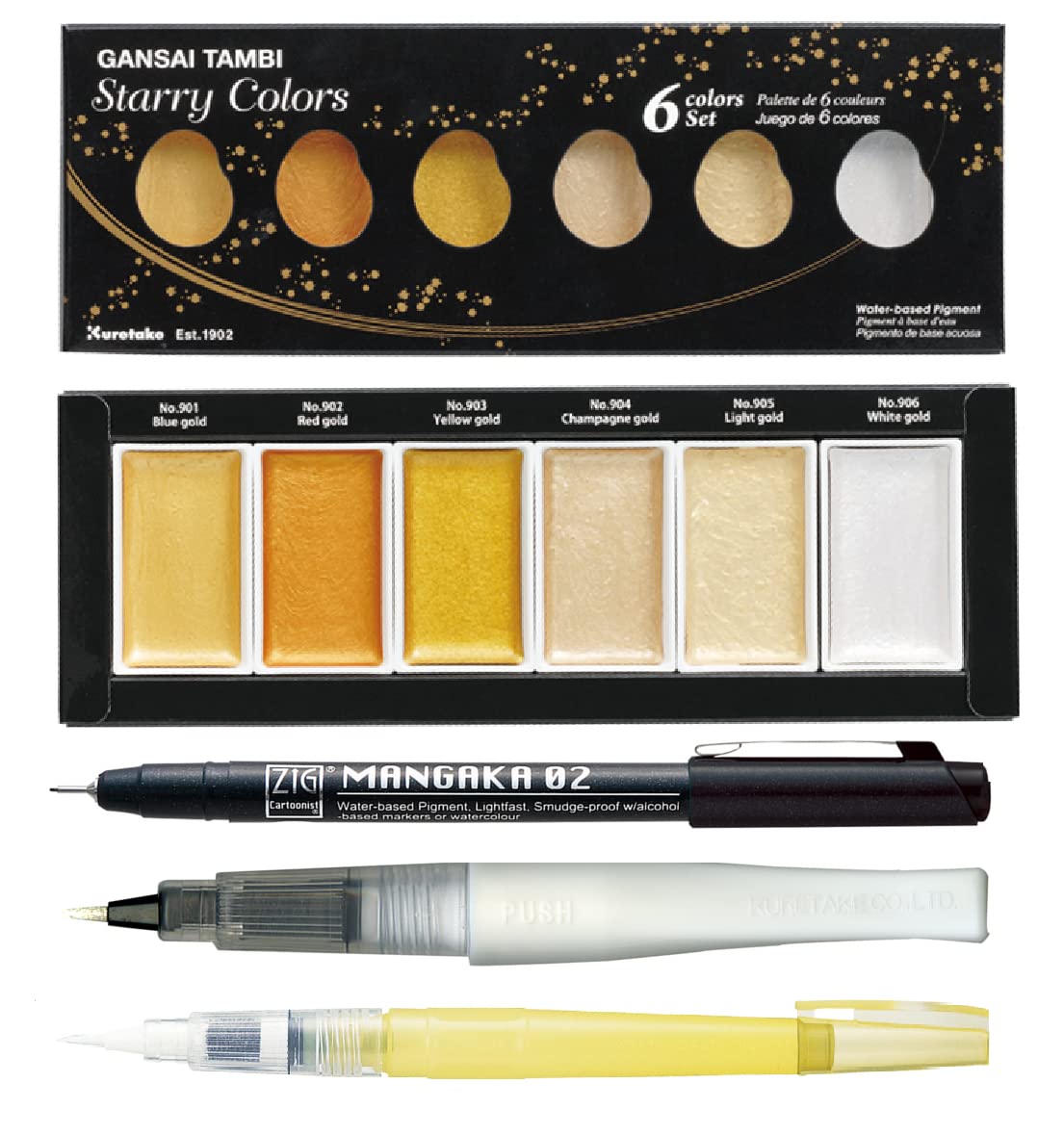 ZIG Special Illustration Set GANSAI TAMBI Starry 6colors Micron Pen 02,BRUSH2O Detailer,Wink of Stella Brush Glitter for Manga Drawing Lettering & Calligraphy Professional Artist Quality Made in Japan.