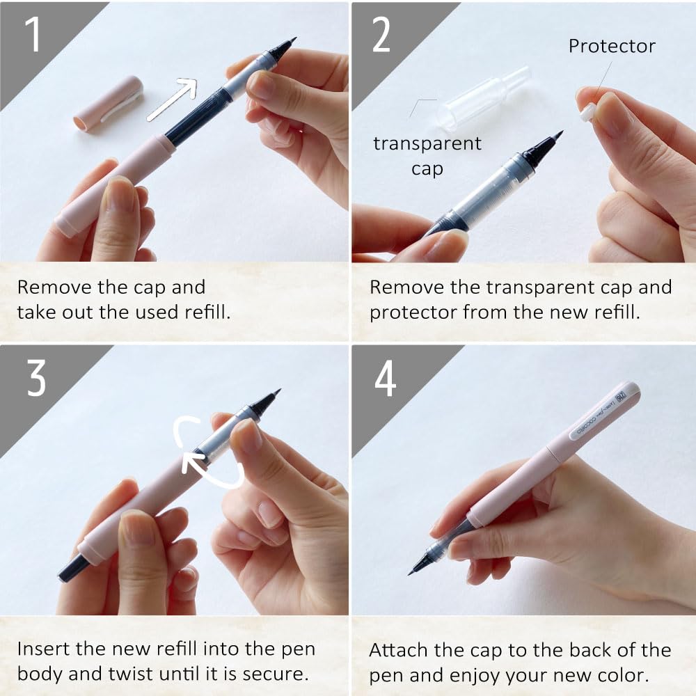 Zig Letter Pen COCOIRO, Fog Gray Body with Black Ink Refill Set, Flexible Extra Fine Brush Tip, Refillable marking Pen for Calligraphy, Hand Lettering, Made in Japan