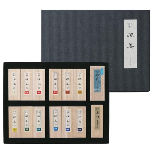 ZIG SAIBOKU SHIMBI 12 Colors and 2 Black Sumi Ink Stick Set, Traditional Calligraphy and Painting, Professional Quality, for Lettering, Drawing, Signature AP-Certified, Made in Japan