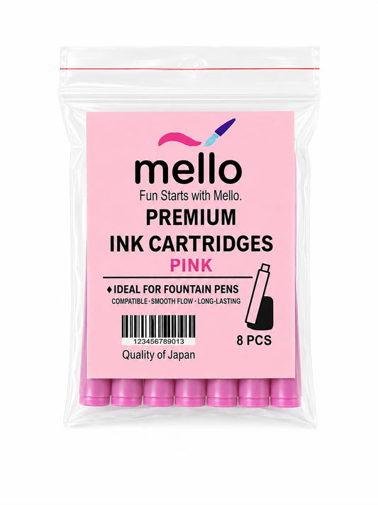 MELLO Universal Standard Fountain Pen Ink Cartridges – Pink Ink | Pack of 8 | Fountain Pen Ink Refill | Smooth Writing Ink Cartridges for Journal, School & Office Use | Standard International Size