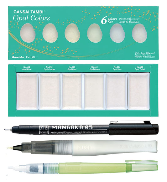 ZIG Special Illustration Set GANSAI TAMBI Opal 6 colors Micron Pen 05, BRUSH2O Medium & Wink of Stella Brush Glitter for Manga Drawing Lettering & Calligraphy Professional Artist Quality Made in Japan.