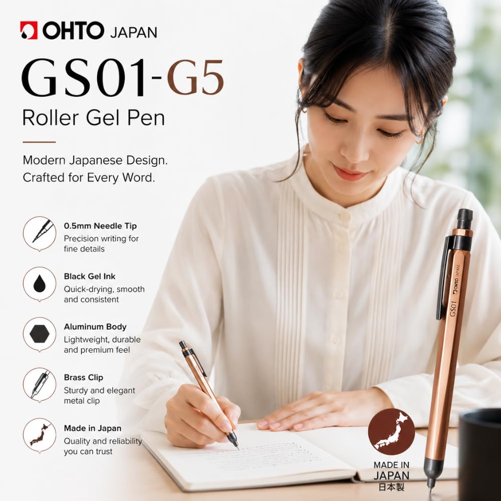 OHTO GS01 Premium Aluminum Gel Pen 0.5mm Needle Tip Black Ink, Quick Dry Smooth Writing Pen, Metal Body with Brass Clip, Executive Office Pen for Journaling, Notes & Everyday Writing, Silver