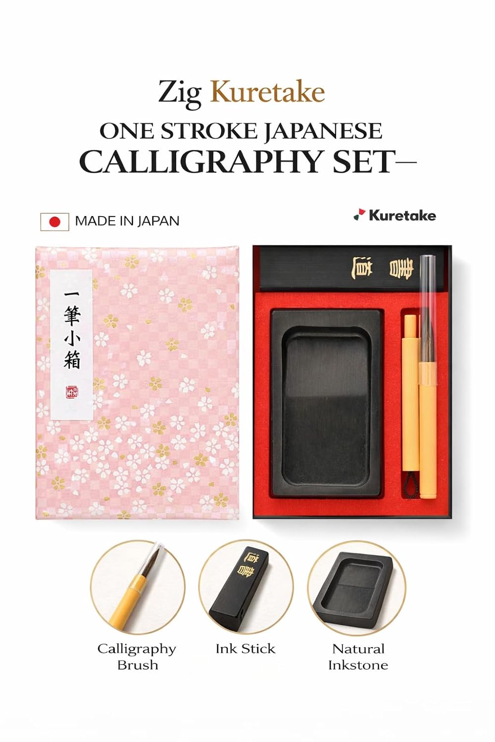 Zig Kuretake One Stroke Japanese Calligraphy Set – Brush, Ink Stick & Inkstone Small Box Kit for Shodo Writing and Art Ichimatsu Cherry Blossom/peach. Made in Japan