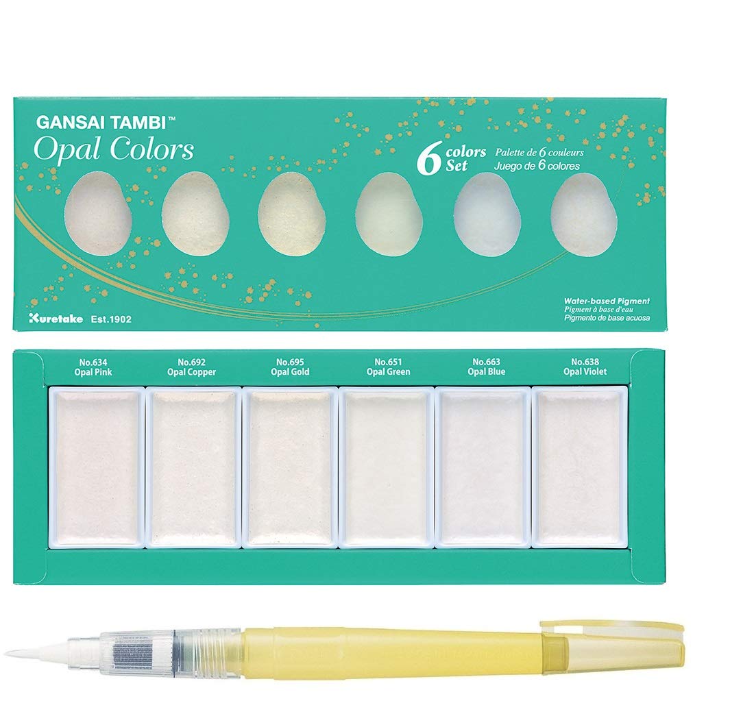 KURETAKE GANSAI TAMBI ”Opal Colors” 6 colors set WITH ZIG WATERCOLOR SYSTEM BRUSH2O Detailer COMBO SET
