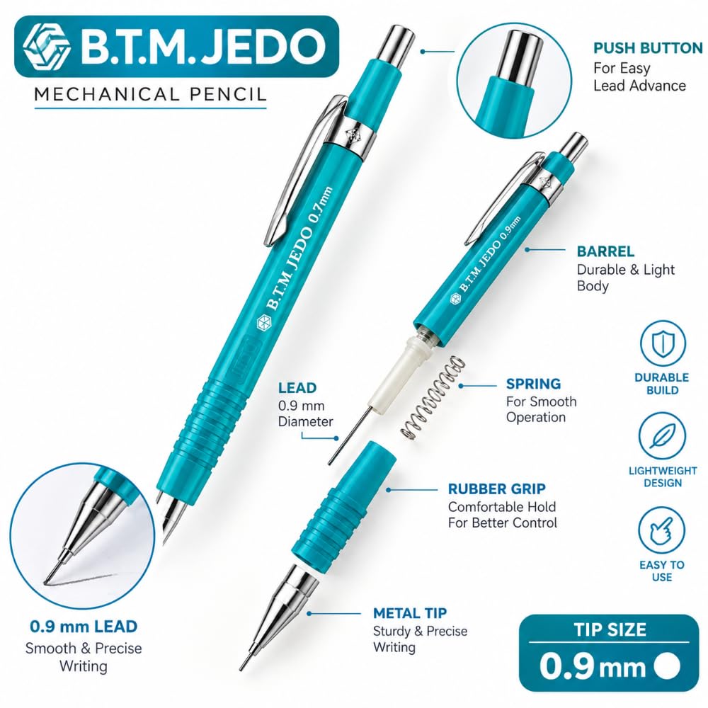 MICRO B.T.M. JEDO Mechanical Pencil 0.7 mm, Gray Colour, Refillable Lead Pencil with Metal Clip and Comfortable Grip, Made in Korea
