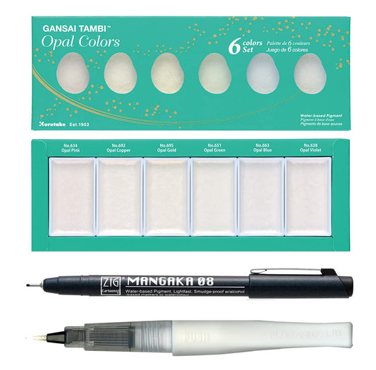 Zig Special Illustration Set [GANSAI TAMBI Opal 6 colors set] Micron Pen 08 & Wink of Stella Brush Glitter Clear for Manga Drawing Lettering & Calligraphy Professional Artist Quality Made in Japan.