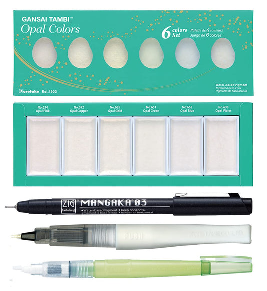 ZIG Special Illustration Set GANSAI TAMBI Opal 6 colors Micron Pen 03, BRUSH2O Medium & Wink of Stella Brush Glitter for Manga Drawing Lettering & Calligraphy Professional Artist Quality Made in Japan