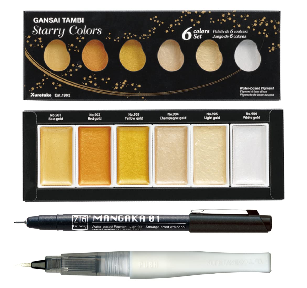 Zig Special Illustration Set [GANSAI TAMBI Starry 6 colors set] Micron Pen 01 & Wink of Stella Brush Glitter Clear for Manga Drawing Lettering & Calligraphy Professional Artist Quality Made in Japan