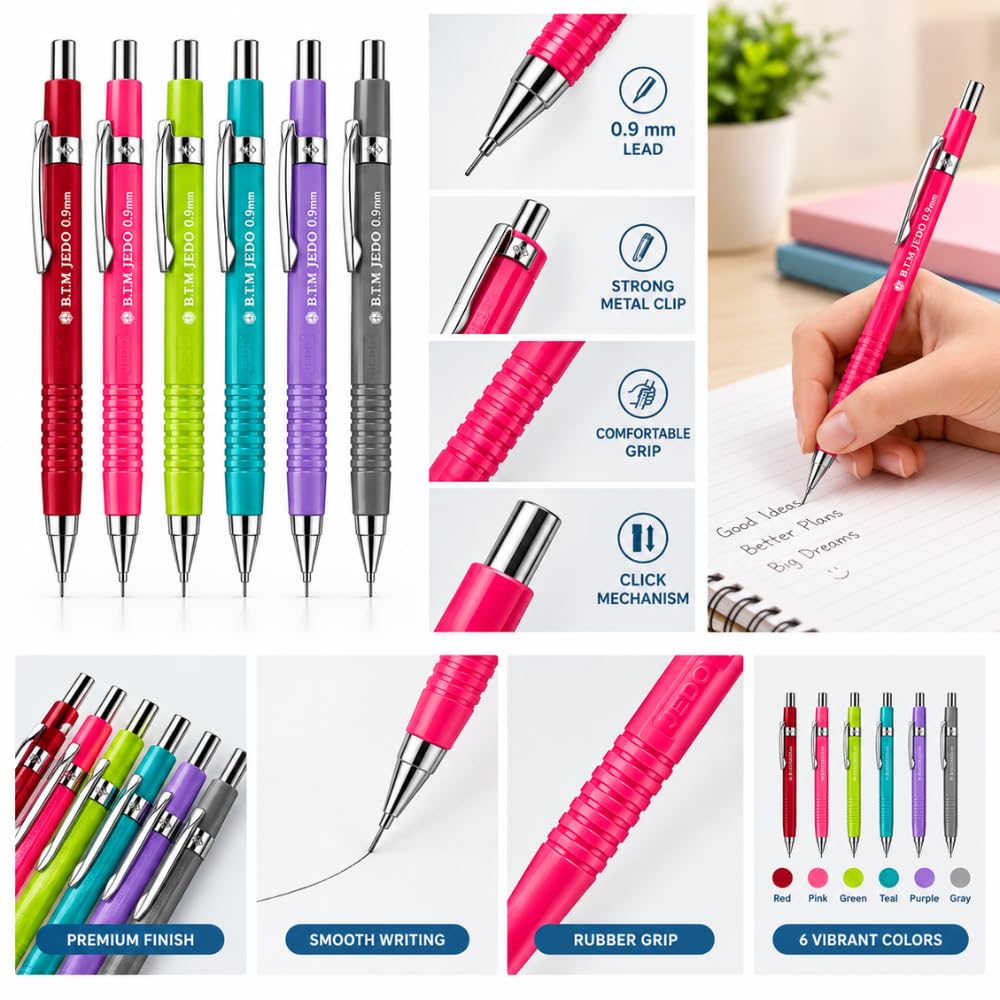 MICRO B.T.M. JEDO Mechanical Pencil 0.9 mm, Grey Colour, Refillable Lead Pencil with Metal Clip and Comfortable Grip, Made in Korea