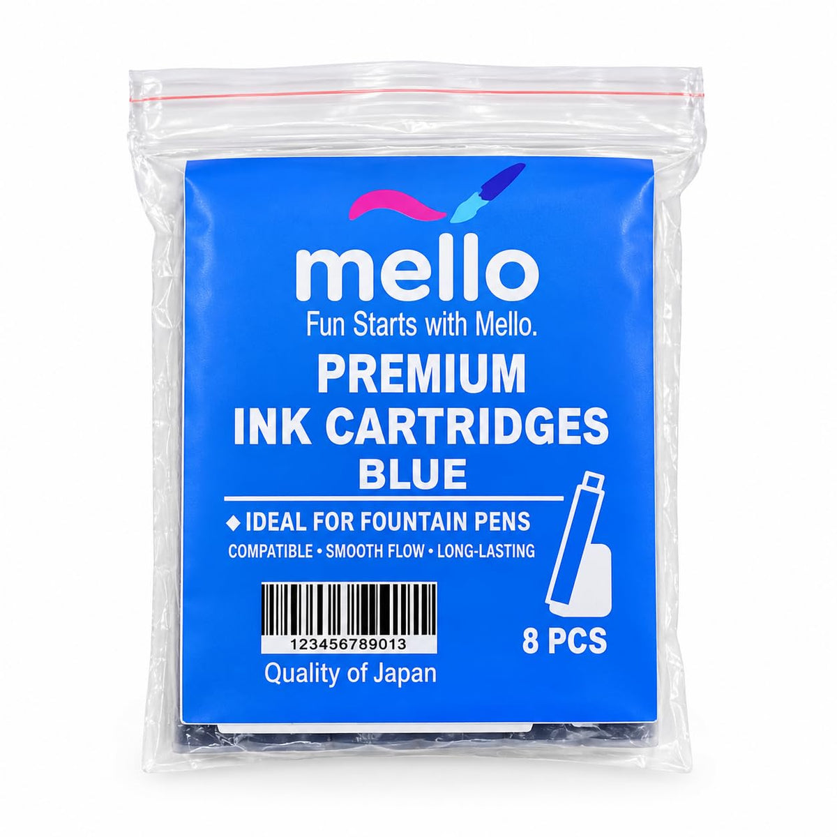 MELLO Universal Standard Fountain Pen Ink Cartridges – Blue Ink | Pack of 8 | Fountain Pen Ink Refill | Smooth Writing Ink Cartridges for Journal, School & Office Use | Standard International Size.