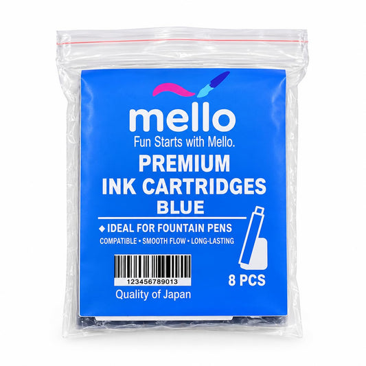 MELLO Universal Standard Fountain Pen Ink Cartridges – Blue Ink | Pack of 8 | Fountain Pen Ink Refill | Smooth Writing Ink Cartridges for Journal, School & Office Use | Standard International Size.