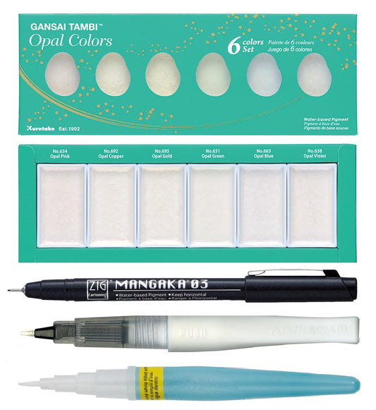 Zig Special Illustration Set GANSAI TAMBI Opal 6 colors Micron Pen 03, BRUSH2O Petit,Wink of Stella Brush Glitter for Manga Drawing Lettering & Calligraphy Professional Artist Quality Made in Japan