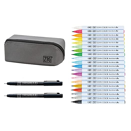 KURETAKE ZIG CLEAN COLOR Real Brush 20 Colors & 2 ZIG MANGAKA fine liner pens set, with Pen Pouch, Watercolor Pens for Painting, Calligraphy and Brush Lettering for Artists and Beginner, Made in Japan