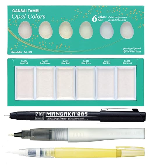 ZIG Special Illustration Set GANSAI TAMBI Opal 6colors Micron Pen 005, BRUSH2O Detailer,Wink of Stella Brush Glitter for Manga Drawing Lettering & Calligraphy Professional Artist Quality Made in Japan