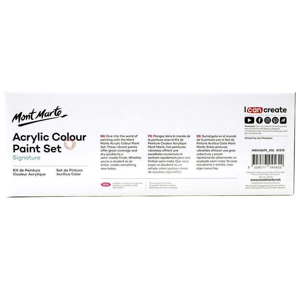 Mont Marte Signature Acrylic Colour Paint Set, 24 x 75ml (2.5oz), Semi-Matte Finish, 24 Colours, Suitable for Most Surfaces Including Canvas, Card, Paper and Wood