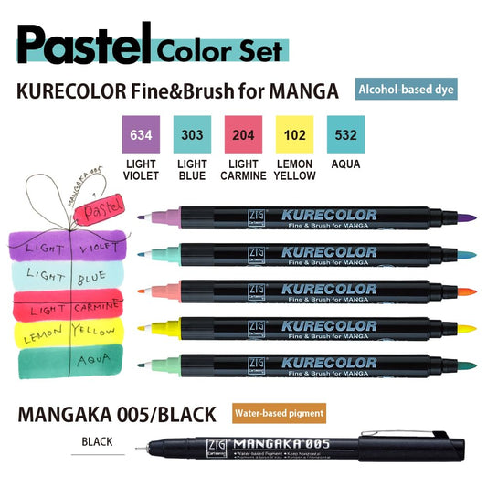 Zig Kuretake Cartoonist KURECOLOR Fine & Brush Pastel set, 5 colors with MANGAKA Black, Alcohol-based twin tipped marker pens, for Artist, Professional, Made in Japan