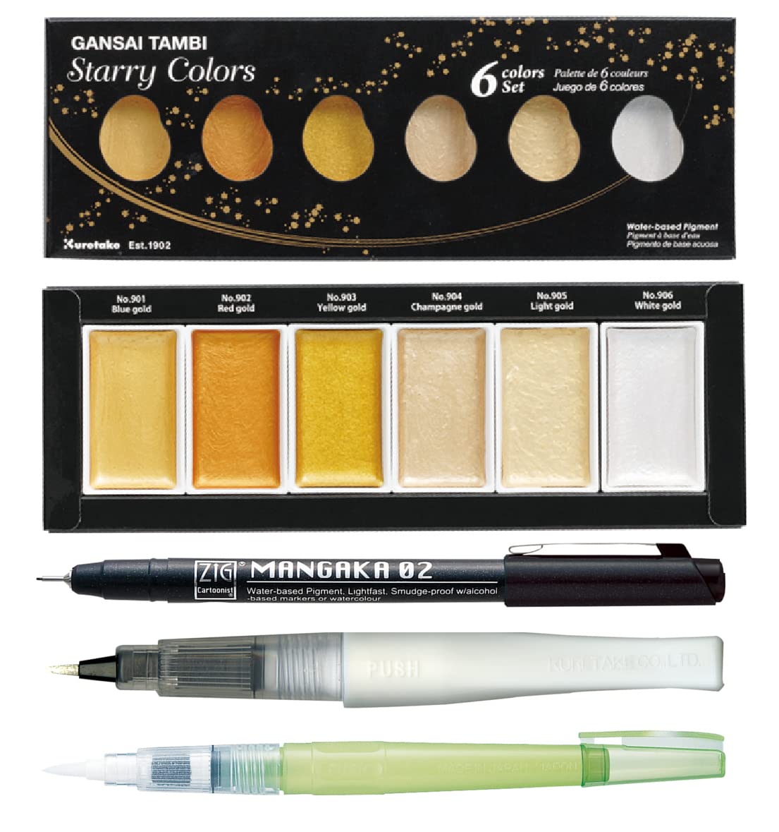 ZIG Special Illustration Set GANSAI TAMBI Starry 6colors Micron Pen 02,BRUSH2O Medium & Wink of Stella Brush Glitter for Manga Drawing Lettering & Calligraphy Professional Artist Quality Made in Japan