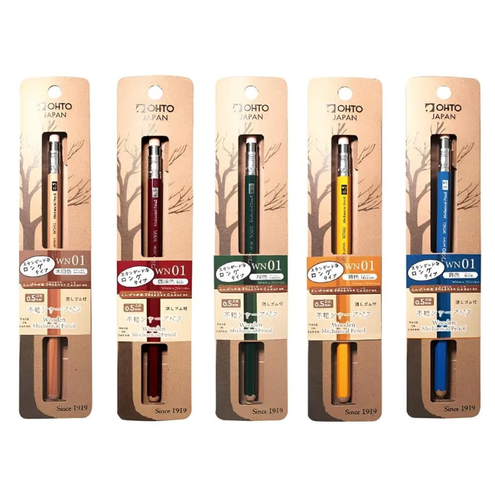 OHTO WN01 Wooden Mechanical Pencil 0.5mm Blue, Japanese Hexagonal Wood Barrel, Refillable Lead Pencil with Eraser for Writing, Sketching, Drawing, School & Office