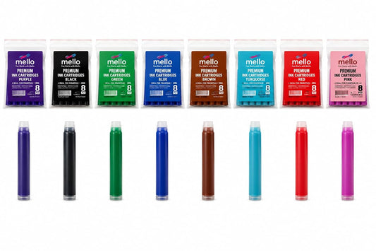 MELLO Universal Standard Fountain Pen Ink Cartridges – Assorted Colors | Pack of 8 | Fountain Pen Ink Refill | Smooth Writing Ink Cartridges for Journal, School & Office Use | Standard International Size.
