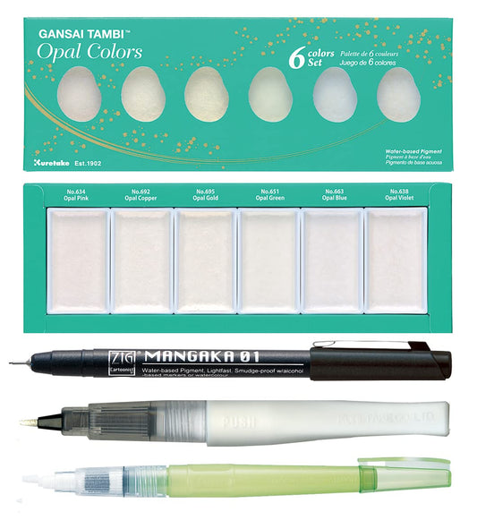 ZIG Special Illustration Set GANSAI TAMBI Opal 6 colors Micron Pen 01, BRUSH2O Medium & Wink of Stella Brush Glitter for Manga Drawing Lettering & Calligraphy Professional Artist Quality Made in Japan