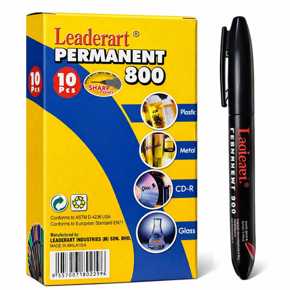 Leaderart Permanent Marker Pen – Pack of 10|Black Quick-Dry Waterproof Marker | Writes on Plastic, Metal, Glass & CD-R | Ideal for Writing, Drawing & Coloring | Made in Malaysia