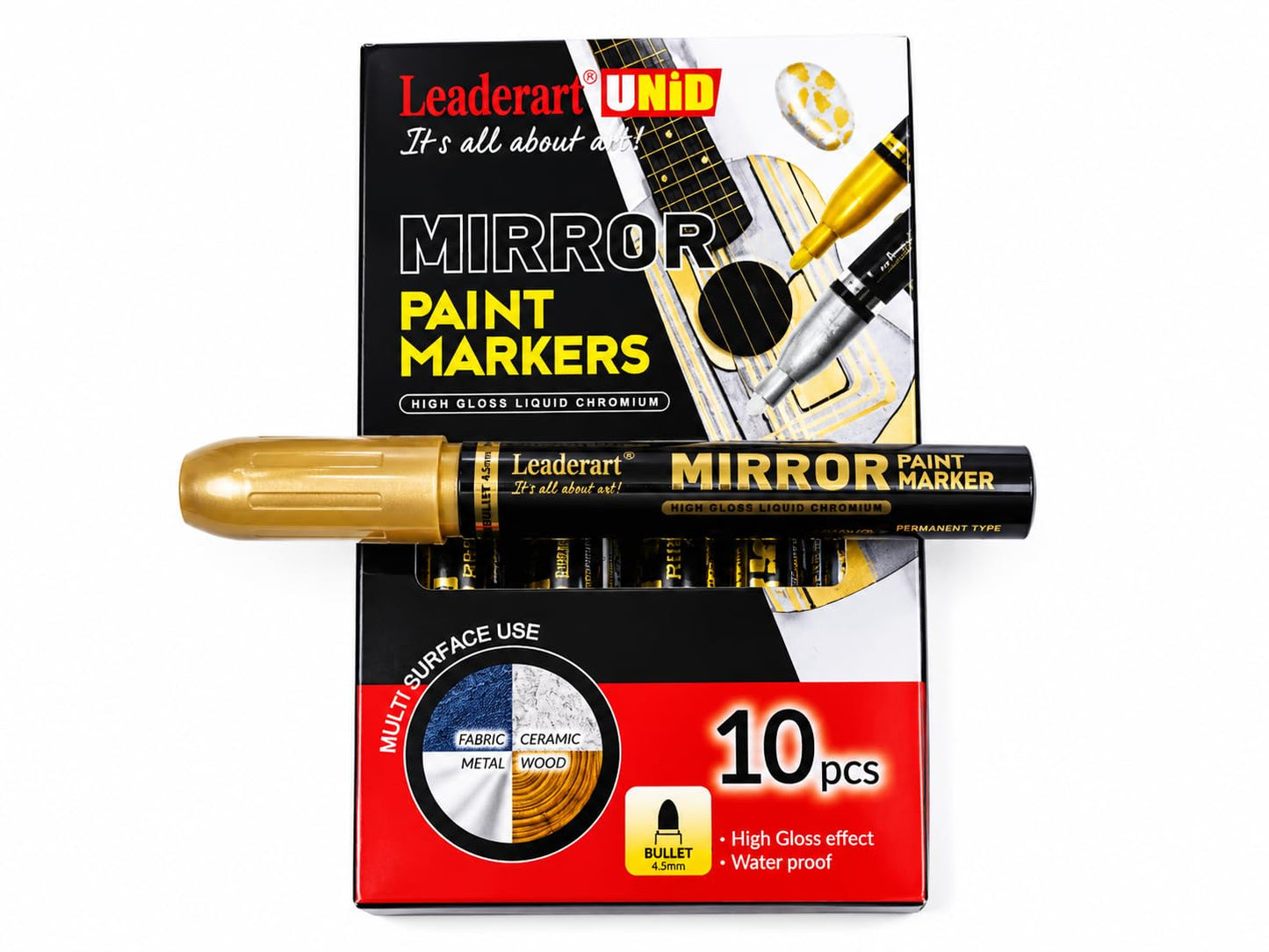 Mirror Paint Marker Gold | Pack of 10 | 4.5mm Bullet Tip | High Gloss Liquid Chromium Metallic Paint Marker | Waterproof for Metal, Ceramic, Glass, Plastic & DIY Crafts .Made in Malaysia Brand: Leaderart