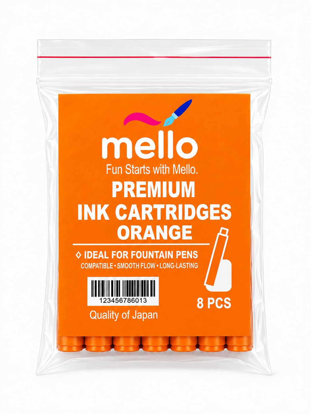 MELLO Universal Standard Fountain Pen Ink Cartridges – Orange Ink | Pack of 8 | Premium Fountain Pen Ink Refill | Smooth Writing Ink Cartridges for Journal, School & Office Use | Standard International Size