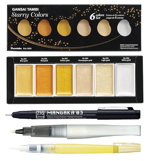 ZIG Special Illustration Set GANSAI TAMBI Starry 6colors Micron Pen 03,BRUSH2O Detailer,Wink of Stella Brush Glitter for Manga Drawing Lettering & Calligraphy Professional Artist Quality Made in Japan.