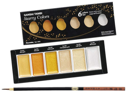 ZIG KURETAKE GANSAI TAMBI ”STARRY COLORS” 6 COLORS SET WITH ZIG CARTOONIST MENSO BRUSH SMALL NATURAL HAIR.