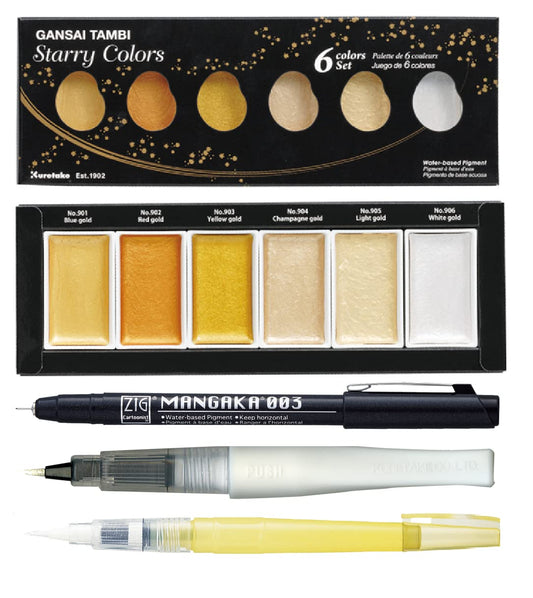 ZIG Special Illustration Set GANSAI TAMBI Starry 6colors Micron Pen003,BRUSH2O Detailer,Wink of Stella Brush Glitter for Manga Drawing Lettering & Calligraphy Professional Artist Quality Made in Japan
