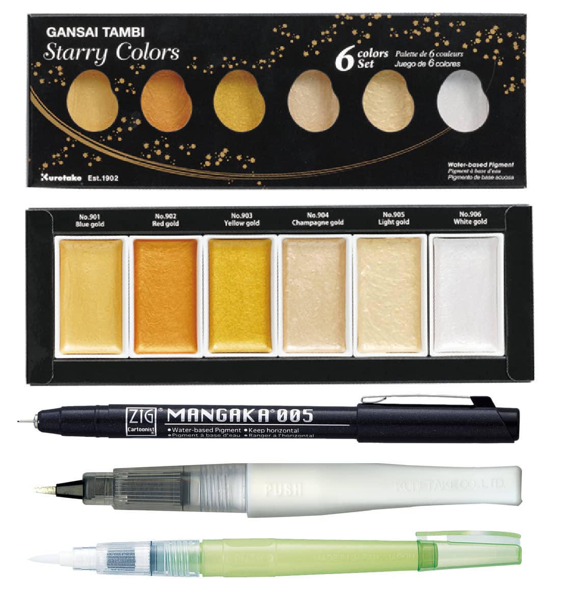 ZIG Special Illustration Set GANSAI TAMBI Starry 6colors Micron Pen005,BRUSH2O Medium & Wink of Stella Brush Glitter for Manga Drawing Lettering & Calligraphy Professional Artist Quality Made in Japan