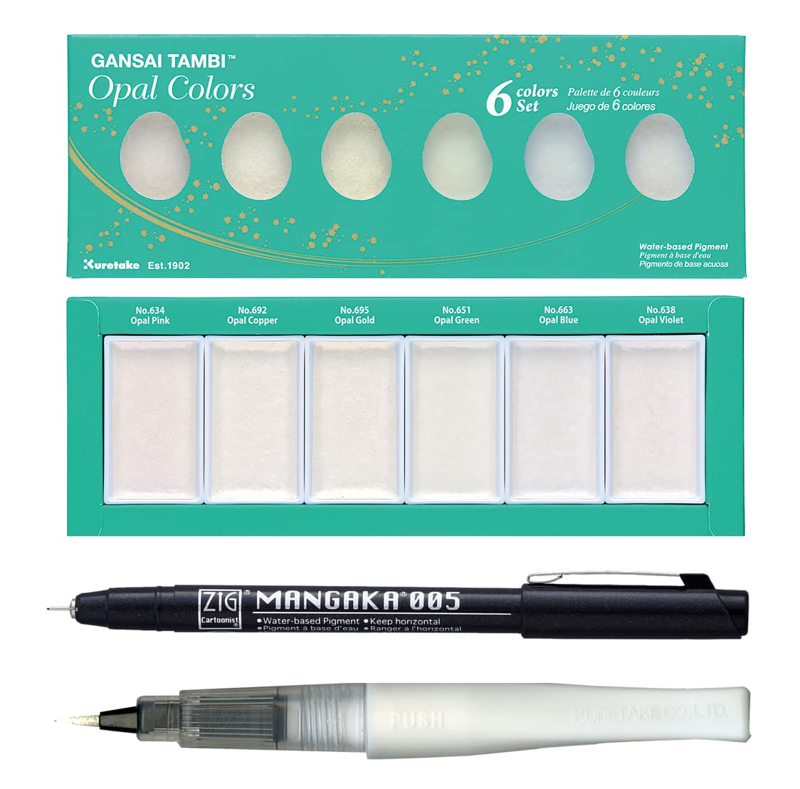 Zig Special Illustration Set [GANSAI TAMBI Opal 6 colors set] Micron Pen 005 & Wink of Stella Brush Glitter Clear for Manga Drawing Lettering & Calligraphy Professional Artist Quality Made in Japan