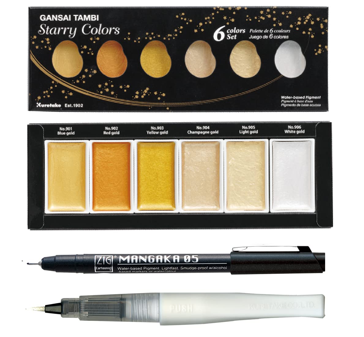 Zig Special Illustration Set [GANSAI TAMBI Starry 6 colors set] Micron Pen 05 & Wink of Stella Brush Glitter Clear for Manga Drawing Lettering & Calligraphy Professional Artist Quality Made in Japan.