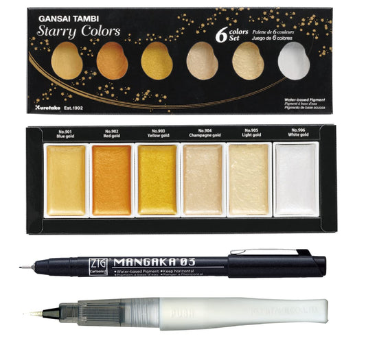 Zig Special Illustration Set [GANSAI TAMBI Starry 6 colors set] Micron Pen 03 & Wink of Stella Brush Glitter Clear for Manga Drawing Lettering & Calligraphy Professional Artist Quality Made in Japan