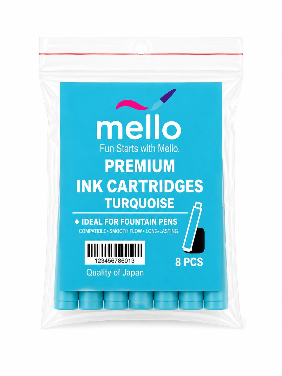 MELLO Universal Standard Fountain Pen Ink Cartridges– Turquoise Blue Ink | Pack of 8 | Fountain Pen Ink Refill | Smooth Writing Ink Cartridges for Journal, School & Office Use | Standard International Size