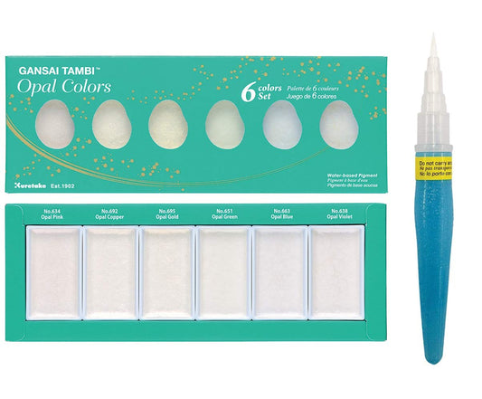KURETAKE GANSAI TAMBI ”Opal Colors” 6 colors set WITH ZIG WATERCOLOR SYSTEM BRUSH2O Petit COMBO SET