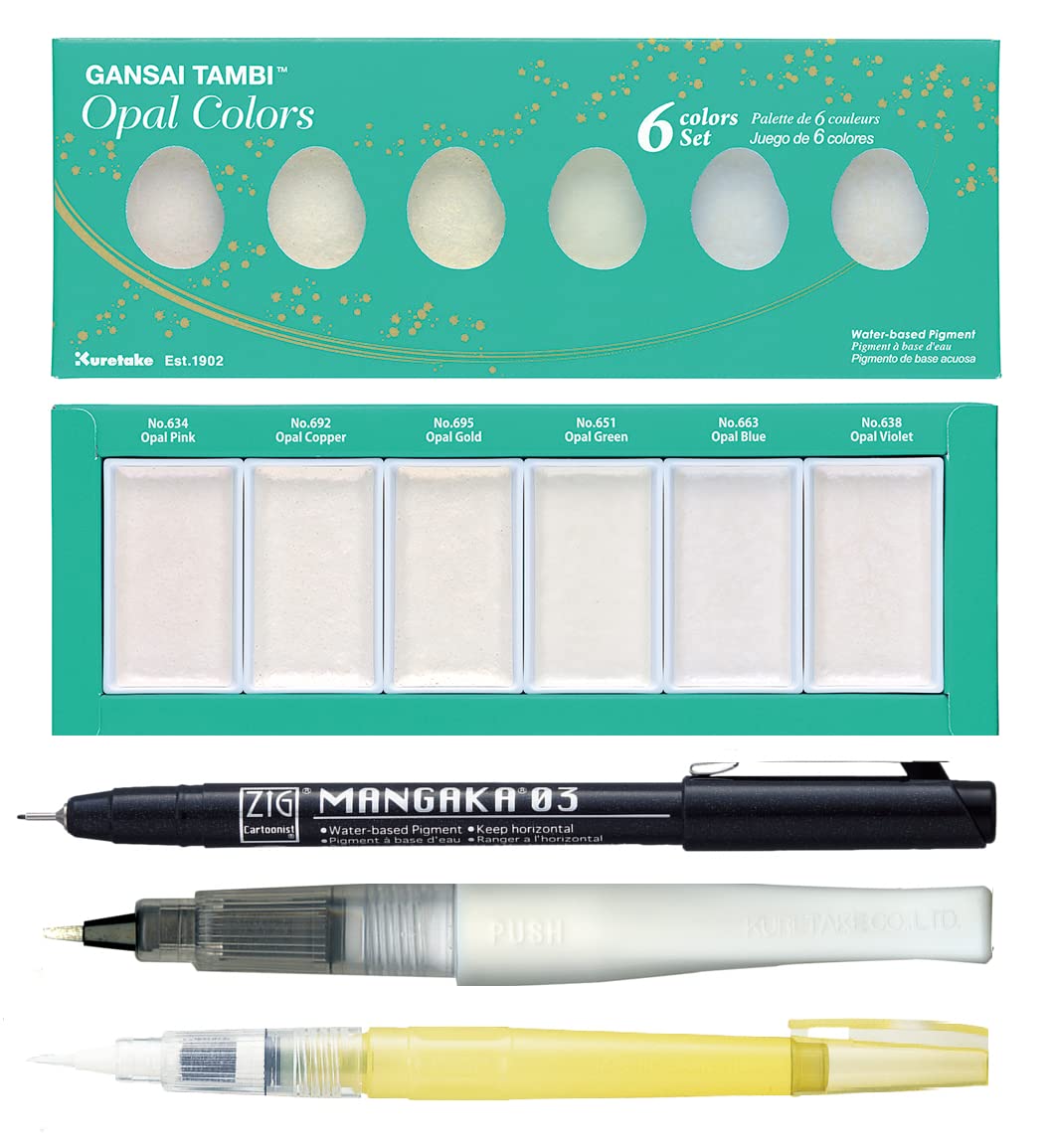 ZIG Special Illustration Set GANSAI TAMBI Opal 6 colors Micron Pen 03, BRUSH2O Detailer,Wink of Stella Brush Glitter for Manga Drawing Lettering & Calligraphy Professional Artist Quality Made in Japan