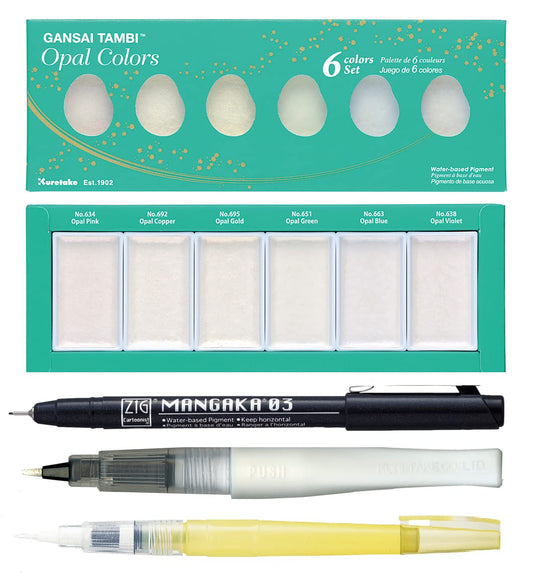 ZIG Special Illustration Set GANSAI TAMBI Opal 6 colors Micron Pen 03, BRUSH2O Detailer,Wink of Stella Brush Glitter for Manga Drawing Lettering & Calligraphy Professional Artist Quality Made in Japan