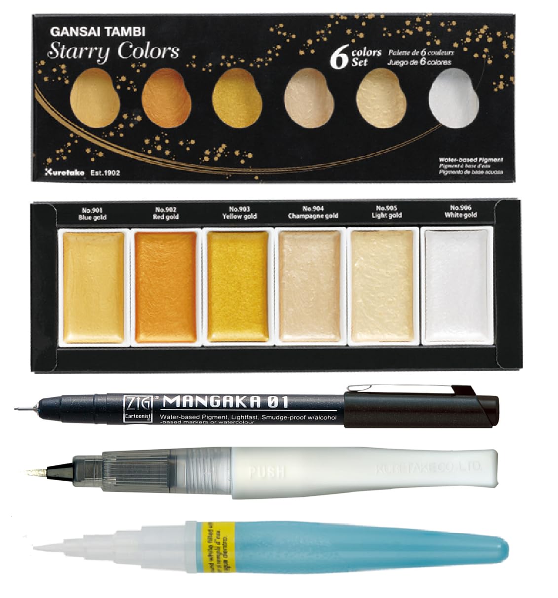 Zig Special Illustration Set GANSAI TAMBI Starry 6colors Micron Pen 01,BRUSH2O Petit,Wink of Stella Brush Glitter for Manga Drawing Lettering & Calligraphy Professional Artist Quality Made in Japan