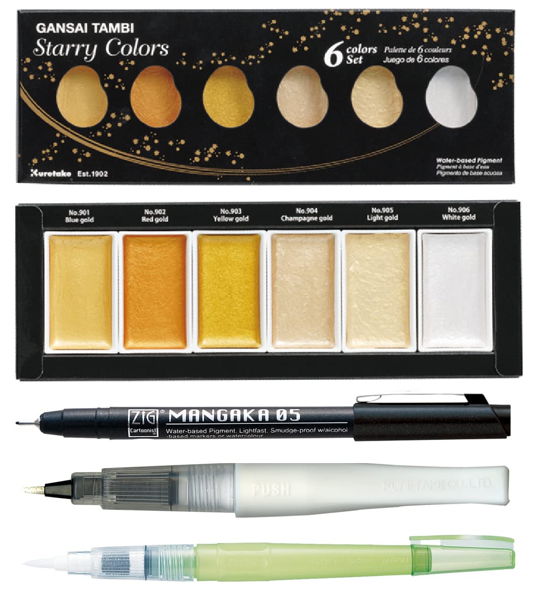 ZIG Special Illustration Set GANSAI TAMBI Starry 6colors Micron Pen 05,BRUSH2O Medium & Wink of Stella Brush Glitter for Manga Drawing Lettering & Calligraphy Professional Artist Quality Made in Japan.