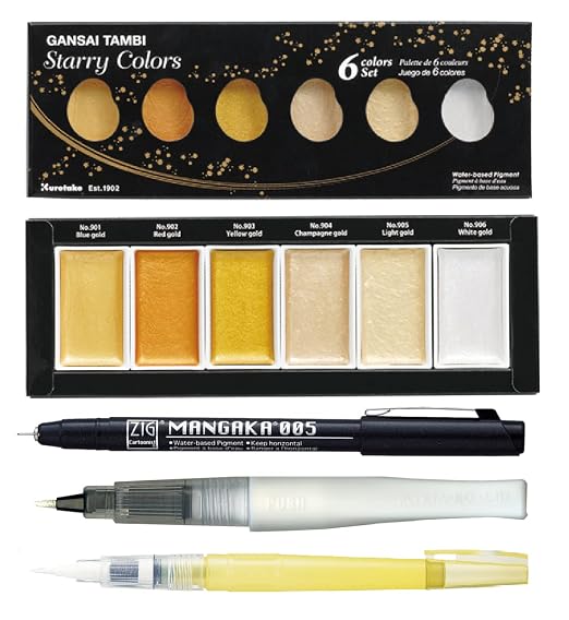 ZIG Special Illustration Set GANSAI TAMBI Starry 6colors Micron Pen005,BRUSH2O Detailer,Wink of Stella Brush Glitter for Manga Drawing Lettering & Calligraphy Professional Artist Quality Made in Japan