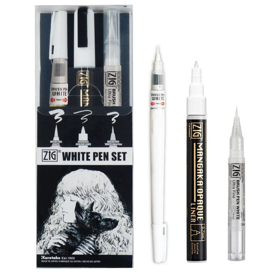 ZIG KURETAKE INKTOBER Special set, WHITE PEN 3 pcs SET, for Manga Drawing, Lettering and Calligraphy Made in Japan