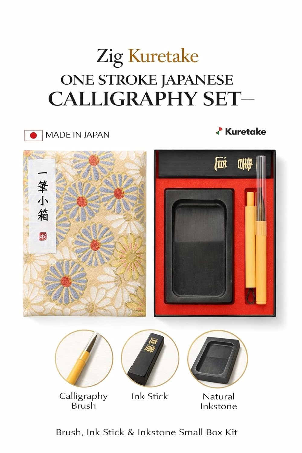 Zig Kuretake One Stroke Japanese Calligraphy Set – Brush, Ink Stick & Inkstone Small Box Kit for Shodo Writing and Art Hinagiku. Made in Japan