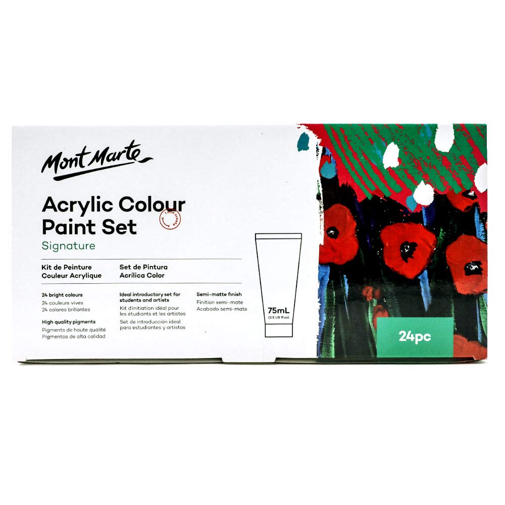 Mont Marte Signature Acrylic Colour Paint Set, 24 x 75ml (2.5oz), Semi-Matte Finish, 24 Colours, Suitable for Most Surfaces Including Canvas, Card, Paper and Wood