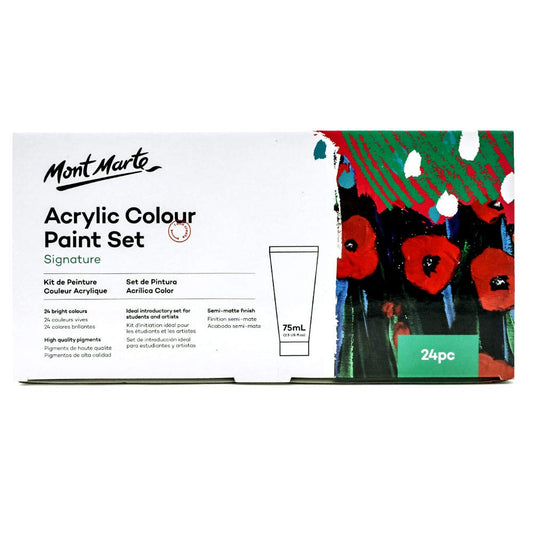 Mont Marte Signature Acrylic Colour Paint Set, 24 x 75ml (2.5oz), Semi-Matte Finish, 24 Colours, Suitable for Most Surfaces Including Canvas, Card, Paper and Wood