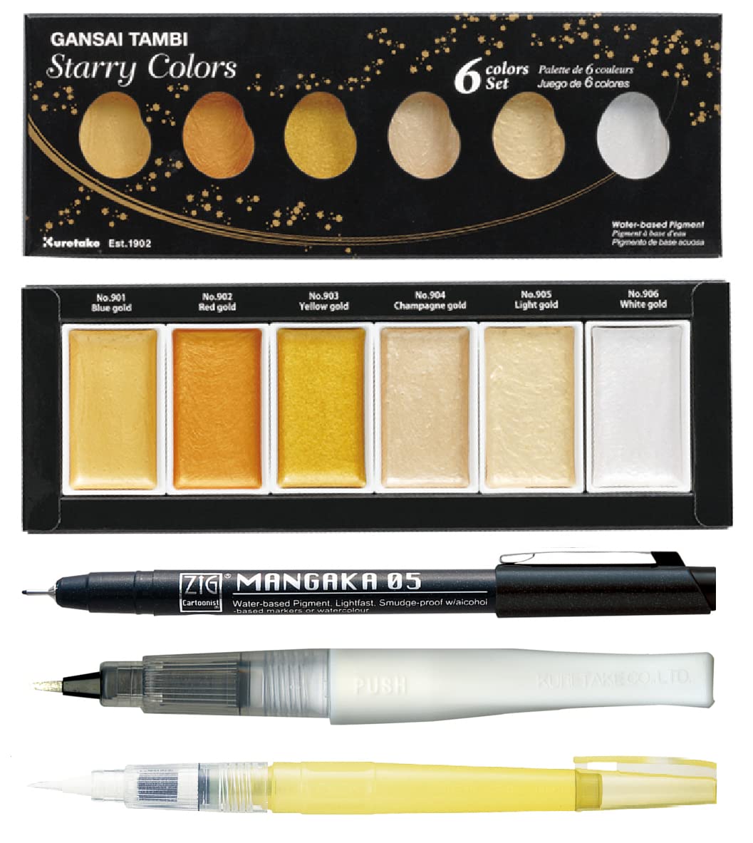 ZIG Special Illustration Set GANSAI TAMBI Starry 6colors Micron Pen 05,BRUSH2O Detailer,Wink of Stella Brush Glitter for Manga Drawing Lettering & Calligraphy Professional Artist Quality Made in Japan