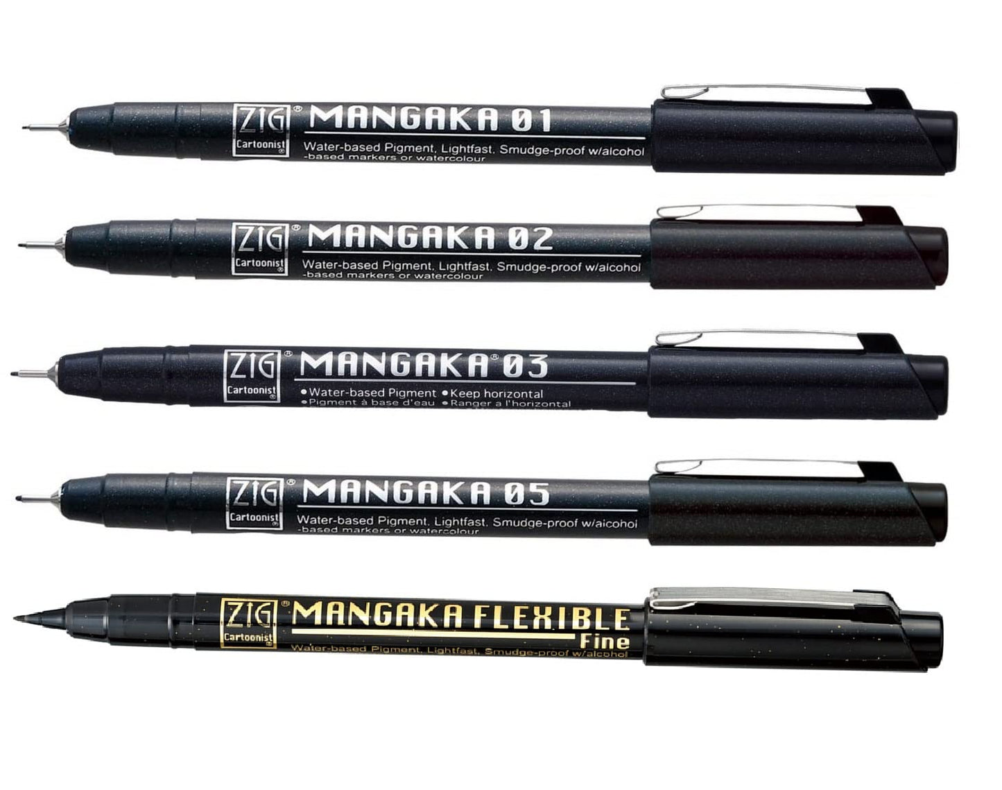 Zig Kuretake CARTOONIST MANGAKA Black 5 set, 005,01,03,05,& fine brush pen for art, illustration, lettering, graphic designers, urban artists, paper crafters, AP-Certificated, Made in Japan