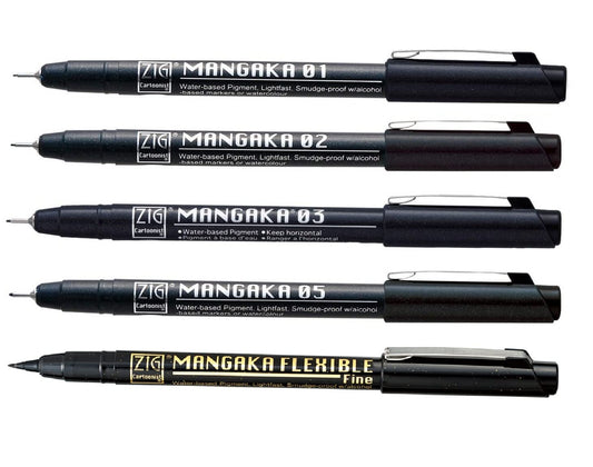 Zig Kuretake CARTOONIST MANGAKA Black 5 set, 005,01,03,05,& fine brush pen for art, illustration, lettering, graphic designers, urban artists, paper crafters, AP-Certificated, Made in Japan