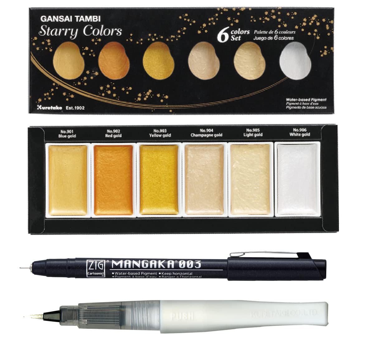 Zig Special Illustration Set [GANSAI TAMBI Starry 6 colors set] Micron Pen 003 & Wink of Stella Brush Glitter Clear for Manga Drawing Lettering & Calligraphy Professional Artist Quality Made in Japan